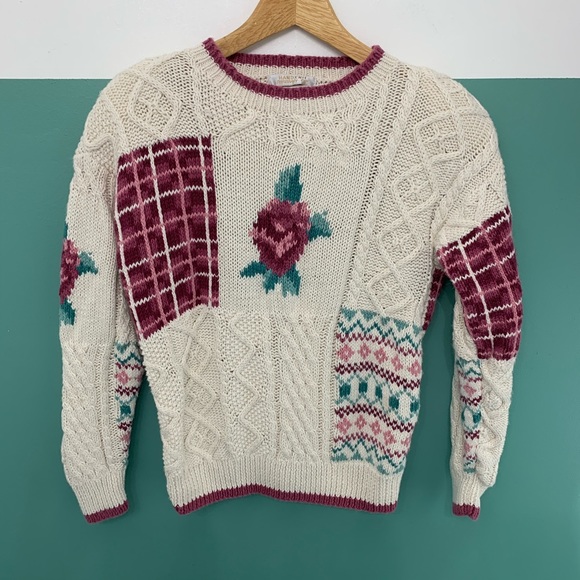 Vintage Sweaters - Vintage Ninon de Lenclos Cable Knit Rose Patchwork Sweater Size Small